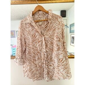 Cynthia Rowley Linen Zebra Print Long Sleeve Button Down‎ Shirt Size Large